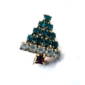 Preowned Vintage Christmas tree brooch, red green clear gemstones